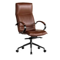 a brown leather office chair with wheels on the back and arms, viewed from the front