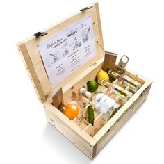 a wooden box filled with lots of different items