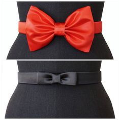 "These satin Bow Belts are made of a fine smooth satin. Each style comes in 3 solid colors (RED is more of a lipstick red and not orangey as shown) or you may request a custom color. (PLEASE message first for color availability). The belt is made with a partial elastic band for comfort and a hidden hook-and-eye closure. CLASSIC BOW BELT 1\" (band width) 4\" x 6\" (bow) MINI BOW BELT 1\" (band width) 1\" x 3\" (bow) WOMENS: XS (25\"), S (27\"), M (29\"), L (31\"), XL (34\"), waistband. CUSTOM siz Solid Color Bow Tie For Party, Elegant Red Satin Bow, Fitted Satin Bow Sash For Party, Red Satin Bow For Party, Elegant Red Party Sash, Elegant Red Sash For Party, Fitted Bow Tie With Detachable Bow For Party, Fitted Bow Sash For Party, Fitted Party Sash With Bow