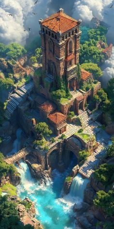 an aerial view of a castle in the sky