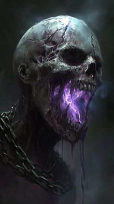 a demonic looking skull with chains around it's neck and eyes covered in purple light