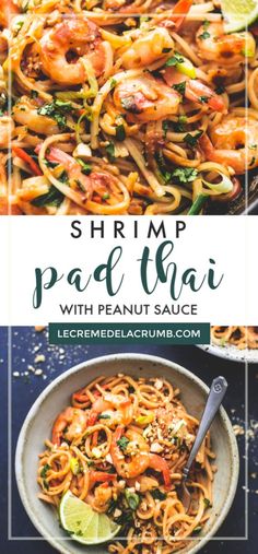 shrimp pad thai noodles with peanut sauce in a white bowl on a blue background and text overlay