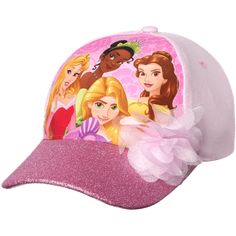 With an eye-catching glitter tulle pom on the peak, this beautiful baseball cap is a surefire way to bring out your little girls inner princess. Featuring four adventurous princesses, Rapunzel, Ariel Cinderella and Belle, and a shiny glittery brim, this hat is an eye-catching addition to any princess' wardrobe. Designed for little girls aged 4-7, this one-size cap features easy-to-use Velcro closure for an adjustable fit. The durable, easy-care cotton twill fabric provides breathable comfort and Girls Baseball, Girl Baseball Cap, Tulle Poms, Disney Toddler, Baseball Girls, Pink Color Schemes, Disney Favorites, Disney Frozen Elsa, Princess Girl