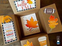 four boxes with fall stickers on them