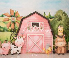 a painting of farm animals in front of a pink barn with windmills and flowers