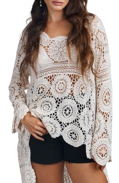 Perfect for sunny days, this breezy cotton cover-up offers boho style with crocheted medallions and a scalloped high-low hem. Open front Long sleeves Sheer 100% cotton Hand wash, dry flat Imported Concert Looks, Sweaters And Leggings, Swimwear Cover Ups, Comfortable Dress, Tie And Pocket Square, High Low Hem, Jeans Dress, Stuart Weitzman