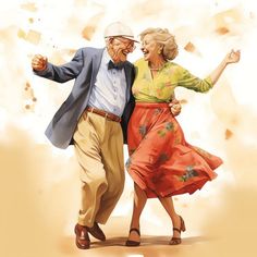 an older man and woman dancing together in front of a background with paper flying all over them