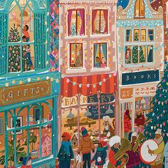 a painting of people in front of a christmas tree and storefronts with lights on