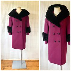 Gorgeous vintage coat by Brodsky Brothers, New York.  From the 50s or early 60s.  A heavy wool twill fabric - beautiful magenta purple color.  Dyed black sheared beaver.  I love the detail of the tall beaver sleeve cuff that has a diagonal angle at the top. Bust is 42 inches Waist is 44 inches  Hips are 46 inches Sleeve, from the collar seam is approximately 24 inches Length from the shoulder, is 36 inches    Fully lined in magenta thick satiny fabric.  A large snap by the top left button.  This is a heavy coat. Wonderful condition. Please convo for accurate shipping overseas. Mannequin measurements are: 34 / 24-1/4 / 35 inches.  Looks great on her. 1950s Fitted Winter Outerwear, 1950s Style Fitted Winter Outerwear, Vintage Wool Outerwear With Button Cuffs, Vintage Winter Outerwear With Button Cuffs, Retro Winter Outerwear With Button Cuffs, 1950s Style Winter Workwear Outerwear, 1950s Style Winter Office Outerwear, Vintage Fitted Wool Coat For Winter, Vintage Fitted Long Wool Coat