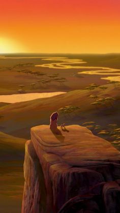 a painting of a man sitting on top of a cliff looking out at the sunset