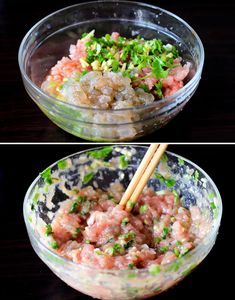 two bowls with food and chopsticks in them, one is filled with meat and the other has vegetables