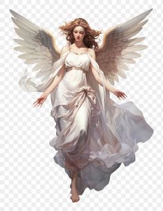 an angel with white wings flying through the air