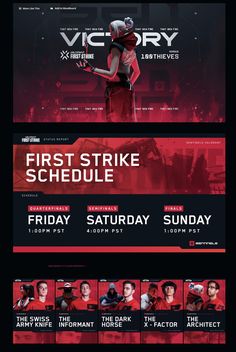 an advertisement for the first strike schedule is shown in red and black, as well as several