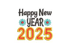 the happy new year 2055 embroidery design is shown in black and yellow with daisies