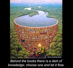 a painting of a giant book tower in the middle of trees with a river running through it