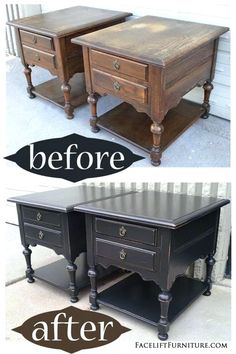 before and after photos of an old coffee table turned into a end table with drawers