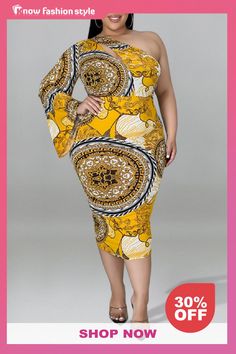 Casual Print Hollowed Out Backless Oblique Collar Irregular Dress Plus Size Dresses Dress Sleeve Styles, Fashion Gallery, Dress Plus Size, Wholesale Fashion, Mid Calf, Plus Size Dresses, Dresses Online, Dress Length, Plus Size