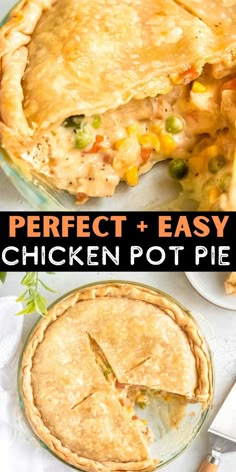 a chicken pot pie is cut in half and ready to be eaten