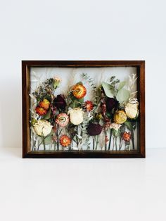 11x14 SHADOW BOX | Flowers Of The Press Dried Floral Shadow Box Ideas, Display Dry Flowers, Dried Flowers Shadow Box Ideas, Dried Flower Shadow Box Ideas, Diy Dried Flowers Crafts, Dried Bouquet Display, Wedding Shadow Box Ideas Display, Dried Flowers Ideas, Bouquet Shadow Box