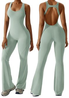 PRICES MAY VARY. ❤️The 2024 chic backless jumpsuit features cutout racerback straps, a flattering Sweetheart-neckline with removable padded bras, and flare pants that creates a sleek, modern silhouette. ❤️Made of 78% Nylon and 22% Spandex, our smooth jumpsuit is lightweight, stretchy, breathable, moisture-wicking, quick drying, non see through and skin-friendly. Seamless jumpsuit is comfy to wear, just like your second skin. ❤️The one piece workout outfit allows for flexible movement, and adjust Boho Workout Clothes, Feminine Workout Clothes, Gym Fits Modest, Cute Gym Sets, 70s Workout Clothes, Light Green Jumpsuit, All Black Gym Outfit, Cute Exercise Outfits, Gym Wear Women