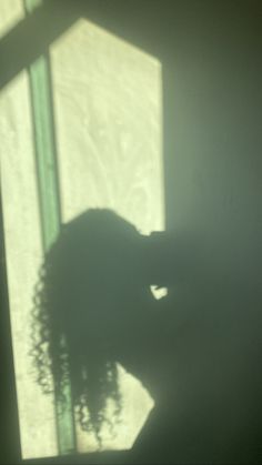 the shadow of a woman's head on a wall next to a glass window