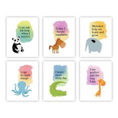 four cards with different animals and words on them