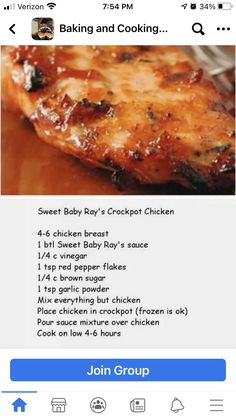 an iphone screen showing the recipe for baked baby ribs and crockpot chicken on it