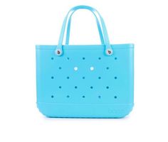 a small blue bag with holes on the front and side, sitting against a white background