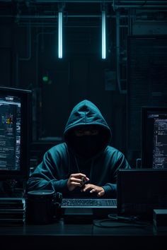 a person in a hoodie sitting at a desk with two laptops