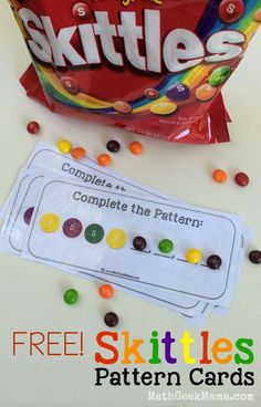 a bag of skittles next to a free printable card game for kids