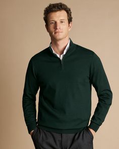 100% merino wool, Woolmark-certified, Zip neck, Contrast back neck trim, Garment washed for a softer finish, Naturally biodegradable, Naturally breathable, Machine washable - Merino Zip Neck Jumper - Forest Green | Men's Charles Tyrwhitt Merino Zip Neck Sweater - Forest Green Size Large Wool Green Christmas Outfit Men, Men Chambray Shirt Outfit, Mens Academic Style, Headshots Men Professional, Men’s Winter, Dark Green Outfit Men, Forest Green Clothes, Green Sweater Outfit Men, Mens Fashion Green