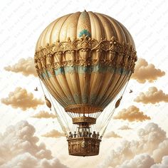 a large golden hot air balloon flying through the sky with clouds in the foreground