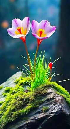 two pink flowers sitting on top of a moss covered rock