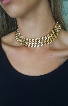 Gold Double Chain Link Necklace, Gold Link Chain Necklace With Double Chain, Gold Double Chain Necklace For Party, Gold Plated Double Chain Choker, Gold Cuban Link Double Chain Necklace, Gold Chain Link Choker With Curb Chain, Gold Chain Link Choker For Party, Gold Chunky Chain Link Choker, Gold Chunky Chain Choker For Party