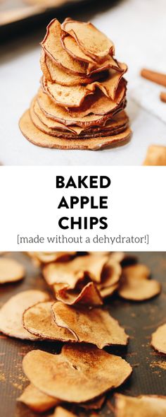 baked apple chips are stacked on top of each other