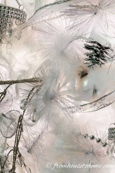 an abstract photograph of white feathers and other things