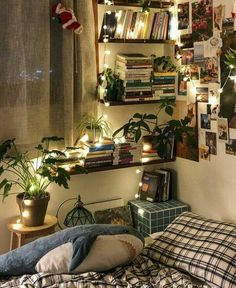 a bedroom with plants and books on the shelves above the bed, lights in the windows