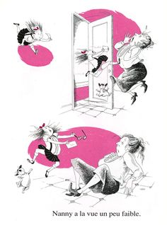 two cartoon images with one showing a woman trying to open the door and another saying, namny la vie un petit famille