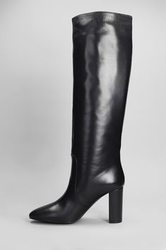 High heels boots in black leather, round toe, slip on, block heel, leather sole, heel 85mm, Made in Italy, 100% leather Block Heel Calf Leather Mid-calf Boots For Work, Block Heel Mid-calf Boots In Calf Leather For Work, Workwear Mid-calf Boots With Block Heel In Calf Leather, Workwear Mid-calf Boots With Block Heel, Luxury Heeled Boots With Sculpted Block Heel, Office Heeled Boots With Reinforced Heel In Calf Leather, Calf Leather Heeled Boots For Office With Reinforced Heel, Elegant Platform Boots With Stacked Heel In Calf Leather, Sleek Leather Mid-calf Boots With Block Heel