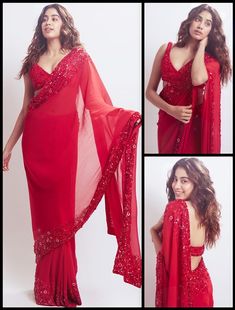 Mesh Blouse Saree, Red Saree Blouse Ideas, Kangana Saree Look, Red Saree Design, Party Wear Bodycon Dresses, Red Saare Look, Hot Red Saree Party Wear, Celebs In Saree, Jahnvi Kapoor Saree