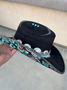 Black Turquoise Fabric Lined Cowboy Hat Flower Cowboy Hat Ladies Western Hat Floral Wedding Hat Wide Brim Fedora Hippie Rancher Hat - Etsy Custom Cowboy Hats, Hat Flower, Rancher Hat, Turquoise Fabric, Western Hat, Wide Brim Fedora, Wedding Hat, Black Turquoise, Fancy Hats