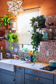 the kitchen is decorated with colorful tiles and potted plants on the counter top,