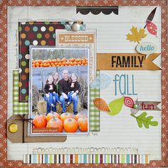 a scrapbook page with an image of two people sitting on pumpkins and the words hello fall