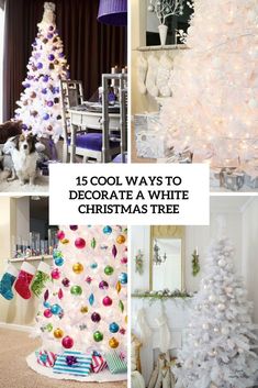 white christmas tree decorated with colorful ornaments and lights in various stages of decorating the room