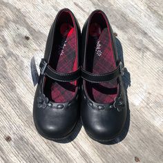 These Shoes Are Brand New With Tags!! They Are Black With Red Plaid In The Inside And Have A Heel At The Bottom. 200s Shoes, Cute Goth Shoes, Trad Goth Shoes, Swaggy Shoes, Thrift Shoes, 1990s Shoes, Gucci Dress Shoes, Black Red Shoes, Emo Shoes