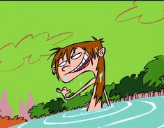 a cartoon character standing in the water with his mouth open and hands out to someone