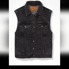 American Eagle Classic Black Jean Vest Brand New With Tags Casual Vest With Button Closure For Fall, Casual Button Closure Vest For Fall, Black Relaxed Fit Grunge Outerwear, Black Grunge Outerwear For Spring, Casual Fall Vest With Button Closure, Black Relaxed Fit Outerwear For Fall, Casual Black Vest With Pockets, Black Fitted Casual Outerwear, Fitted Black Casual Outerwear