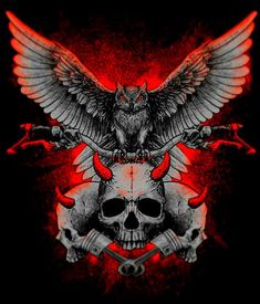 an owl and skull on a black background with red light coming from the back ground