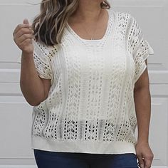 100% Acrylic Open Sleeve Off White Lace Up V-Neck Back Fits True To Size With A Relaxed Fit Measurements- S Length: 23 In. / Bust: 23.5 In. M Length: 24 In. / Bust: 24.5 In. L Length: 25 In. / Bust: 25.5 In Knit V-neck Top With Crochet Trim, White Pointelle Knit V-neck Crochet Top, Stretch V-neck Crochet Top With Open Knit, Stretch Open Knit Crochet V-neck Top, Bohemian Pointelle Knit V-neck Top, Bohemian V-neck Pointelle Knit Top, Pointelle Knit V-neck Top For Vacation, White Pointelle Knit Crochet Top V-neck, V-neck Crochet Trim Knit Top