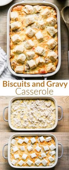 the casserole is ready to be baked in the oven, and then topped with biscuits and gravy